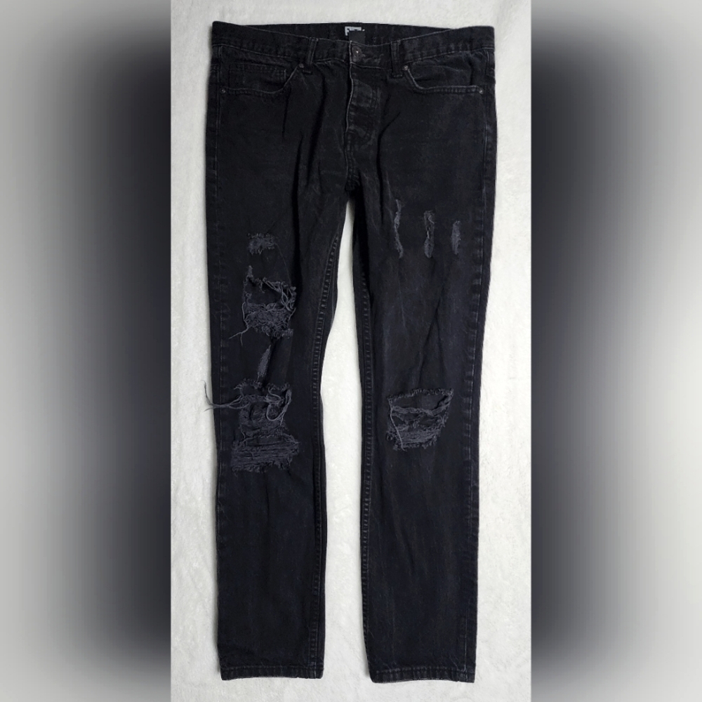 FBRK Men's Jeans Size 34 Black Distressed Pants 34x31 Men Slim Skinny Bootcut